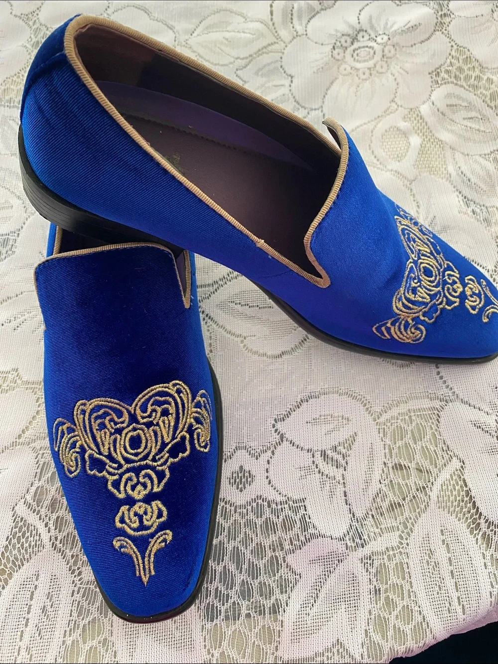 Men's Royal Blue Velvet Slip-On Loafers with Gold Embroidery